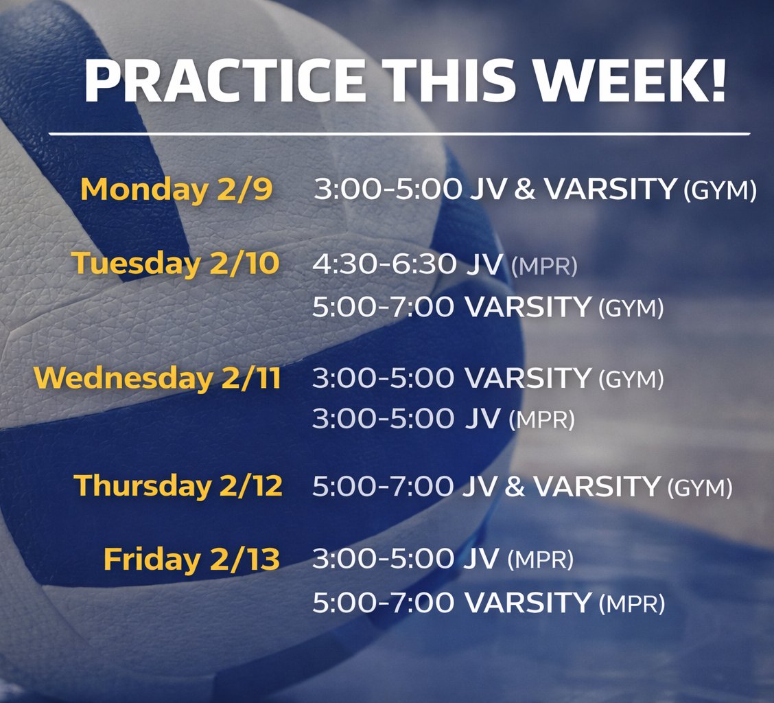 🏐 Practice This Week!
Please review the schedule for times and locations.
Be on time and ready to work.