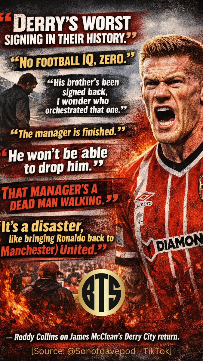 betweenstripes's tweet photo. Former Derry City manager Roddy Collins did not hold back when asked for his thoughts on James McClean's Derry City return🤯 

Collins described McClean's signing as being "the worst in their history", while also taking aim at McClean's "football IQ."  

More quotes 👇 https://t.co/4Xqp9gpB3h