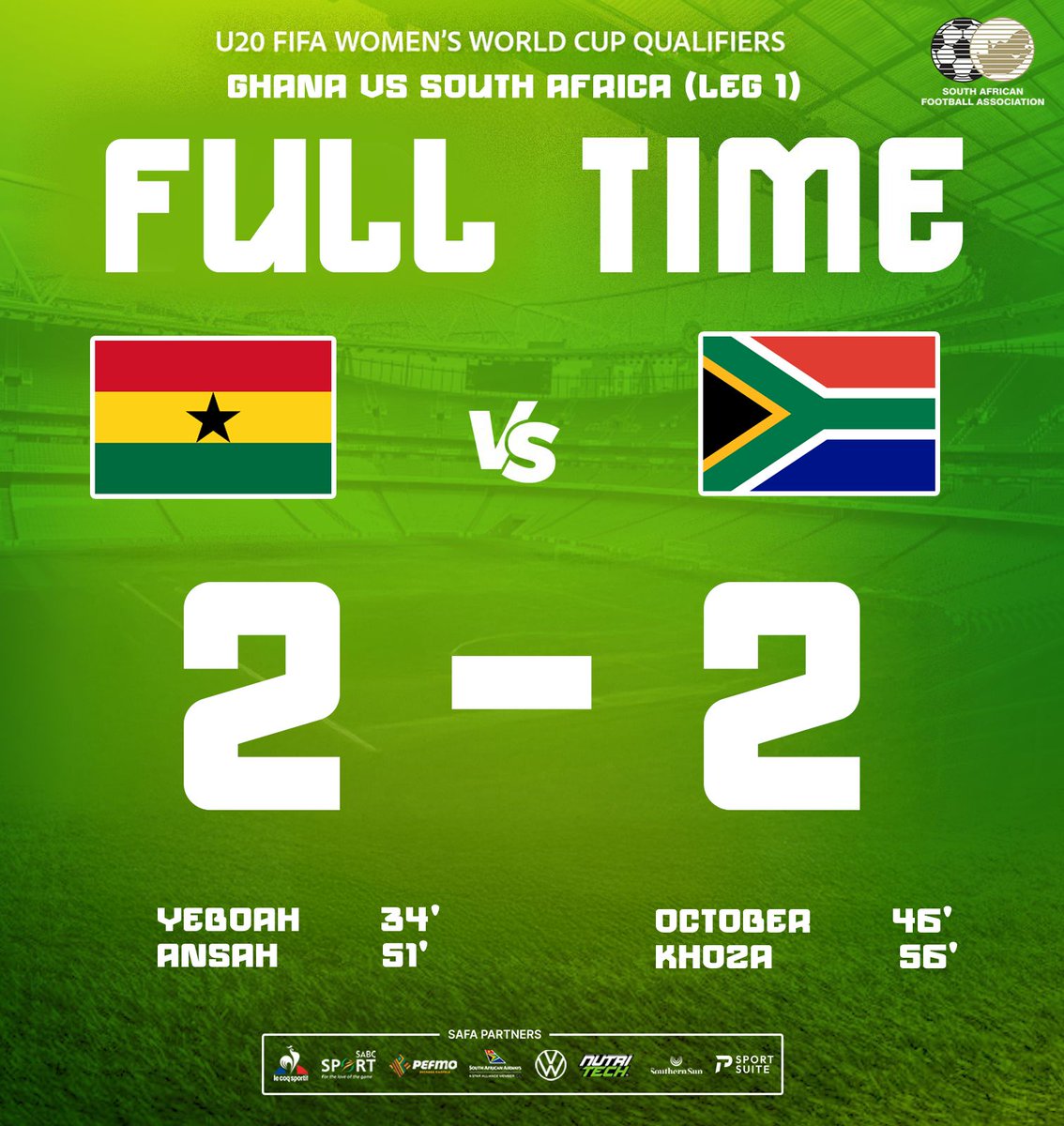 Full time score at the Accra Sports Stadium in Ghana!
The second leg will be on the 14th February at Mbombela Stadium in Mpumalanga! Please lets show up for this important deciding fixture 🇿🇦🔥