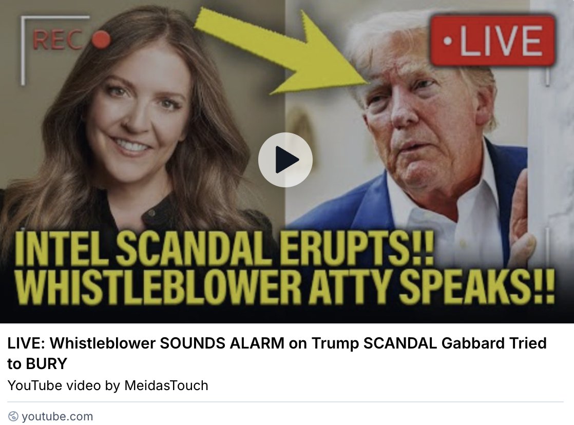 NEW: Gabbard HID classified intel about a phone call and BLOCKED the whistleblower report about it from Congress. When she finally DID send it over, she redacted it for EXECUTIVE PRIVILEGE. I will speak to the whistleblower's lawyer TODAY at 12 PM PT here:
youtube.com/live/P3TvfMI3z…