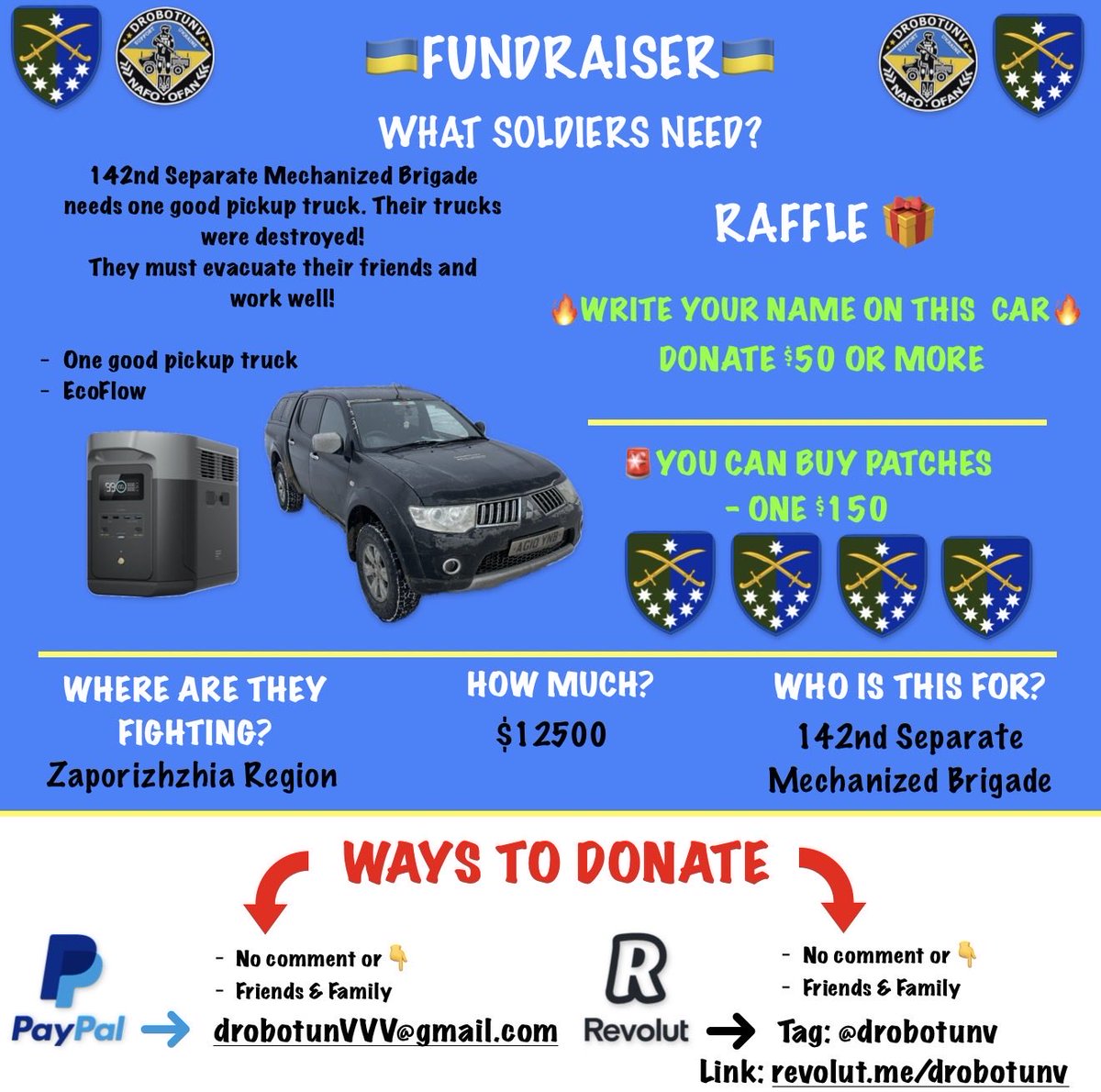 🚨UPDATE  08.02

All day was very busy and only now can write an update. Your help urgently needed here, we have no time😞 Help me🙏
✏️Your nickname on the car - $50+

✅Raised: $784
🎯To finish: $11716
🚨Deadline: 28.02

🅿️🅿️: drobotunVVV@gmail.com
®️: revolut.me/drobotunv