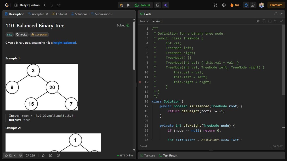 Aditya_Ch_20's tweet photo. Balanced Binary Tree ✅ 
(Day 162)Solved today’s LeetCode using DFS.

Calculated height of left and right subtrees and returned -1 early if the difference > 1.

This bottom-up approach avoids repeated traversal and keeps it O(n).
#LeetCode #DSA #Java #BinaryTree #CodingJourney https://t.co/sY8jA2rC20