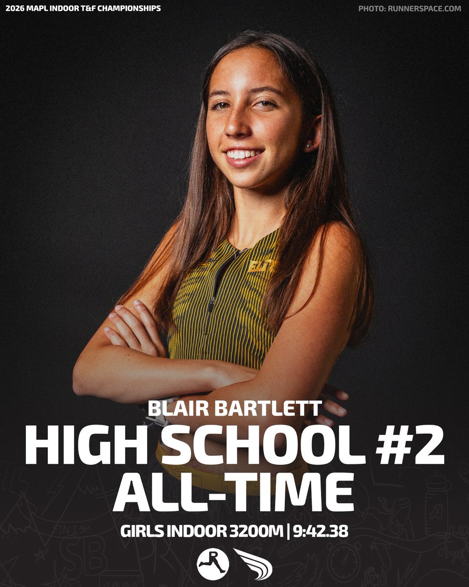 ICYMI...😮

Blair Bartlett ran a jaw-dropping 9:42.38 solo effort to win the girls 3200m at the MAPL Indoor Championships on Saturday, moving her to No. 2️⃣ all-time on the high school indoor list behind Jane Hedengren (9:37.50).