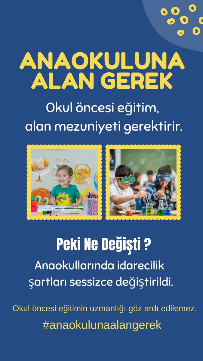 Anaokullarında sınıf öğretmenlerinin okutacağı bir ders bulunmamaktadır. Buna rağmen müdürlük tercihine açılması, okul öncesi öğretmenlerinin alan hakkını gasp etmektir. Bu düzenleme adil değildir.
#AnaokulunaAlanGerek <a href="/tcmeb/">Millî Eğitim Bakanlığı</a> <a href="/mebtegm/">Temel Eğitim Genel Müdürlüğü</a> <a href="/EgitimBirSen/">Eğitim-Bir-Sen</a> <a href="/turkegitimsen/">Türk Eğitim Sen</a> <a href="/egitimis/">Eğitim-İş</a>