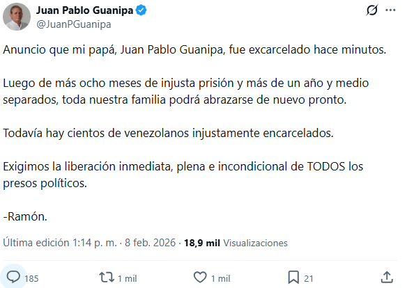 VPITV's tweet photo. #ÚLTIMAHORA | Excarcelado Juan Pablo Guanipa (@JuanPGuanipa) este domingo #8Feb, informó su hijo, Ramón Guanipa. El dirigente estuvo más de ocho meses injustamente detenido y más de un año y medio separado de su familia.

#VPItv https://t.co/asv5AU9Ef5