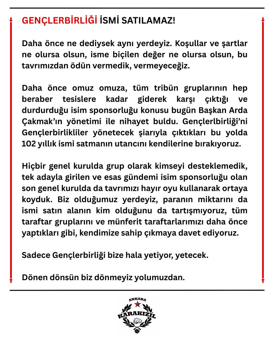 Gençlerbirliği İsmi Satılamaz!

Daha önce ne dediysek aynı yerdeyiz. Koşullar ve şartlar ne olursa olsun, isme biçilen değer ne olursa olsun bu tavrımızdan ödün vermedik, vermeyeceğiz. Daha önce omuz omuza, tüm tribün gruplarının hep beraber tesislere kadar giderek karşı çıktığı