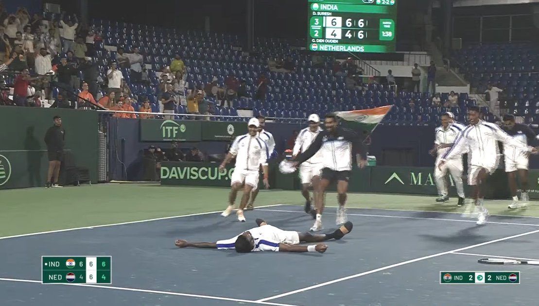 This is truly UNBELIEVABLE STUFF!  🎾

World No. 33 Team India knocked out World No. 6 Netherlands 3-2 in thriller and are through to the Davis Cup Qualifiers 2nd Round 

HISTORIC DAY FOR INDIAN TENNIS! 🇮🇳🥹