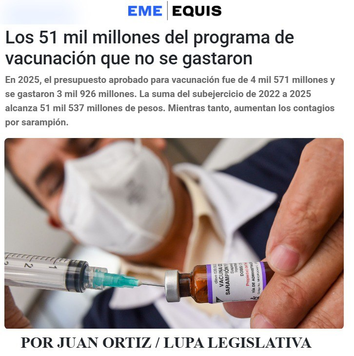 🗳️📌 LOS 51 MIL MILLONES DE PESOS EN VACUNACIÓN QUE NO SE GASTARON

En 2025, el presupuesto aprobado para vacunación fue de 4 mil 571 millones.

Pero solo se gastaron 3 mil 926 millones. 

Es decir, 645 millones sin usarse.

Pero hay algo peor.

La suma del subejercicio de 2022 a