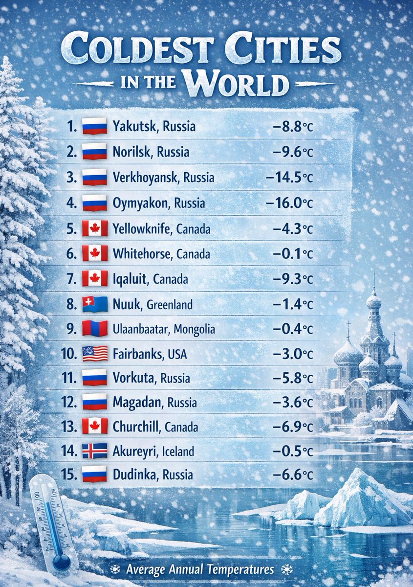 data_globe's tweet image. Top 15 Coldest Cities in the World ❄️
(based on average annual temperature, in °C)

① 🇷🇺 Yakutsk, Russia — −8.8 °C
② 🇷🇺 Norilsk, Russia — −9.6 °C
③ 🇷🇺 Verkhoyansk, Russia — −14.5 °C
④ 🇷🇺 Oymyakon, Russia — −16.0 °C
⑤ 🇨🇦 Yellowknife, Canada — −4.3 °C
⑥ 🇨🇦 Whitehorse,