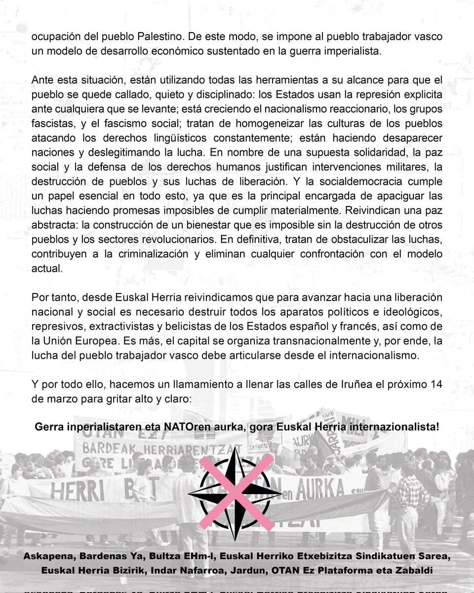 📢 Manifestación nacional el 14 de marzo a las 12:30 desde el Baluarte de Iruñea. No a la OTAN!

#NATOriEZ #EHInternazionalista #EHAntiinperialista