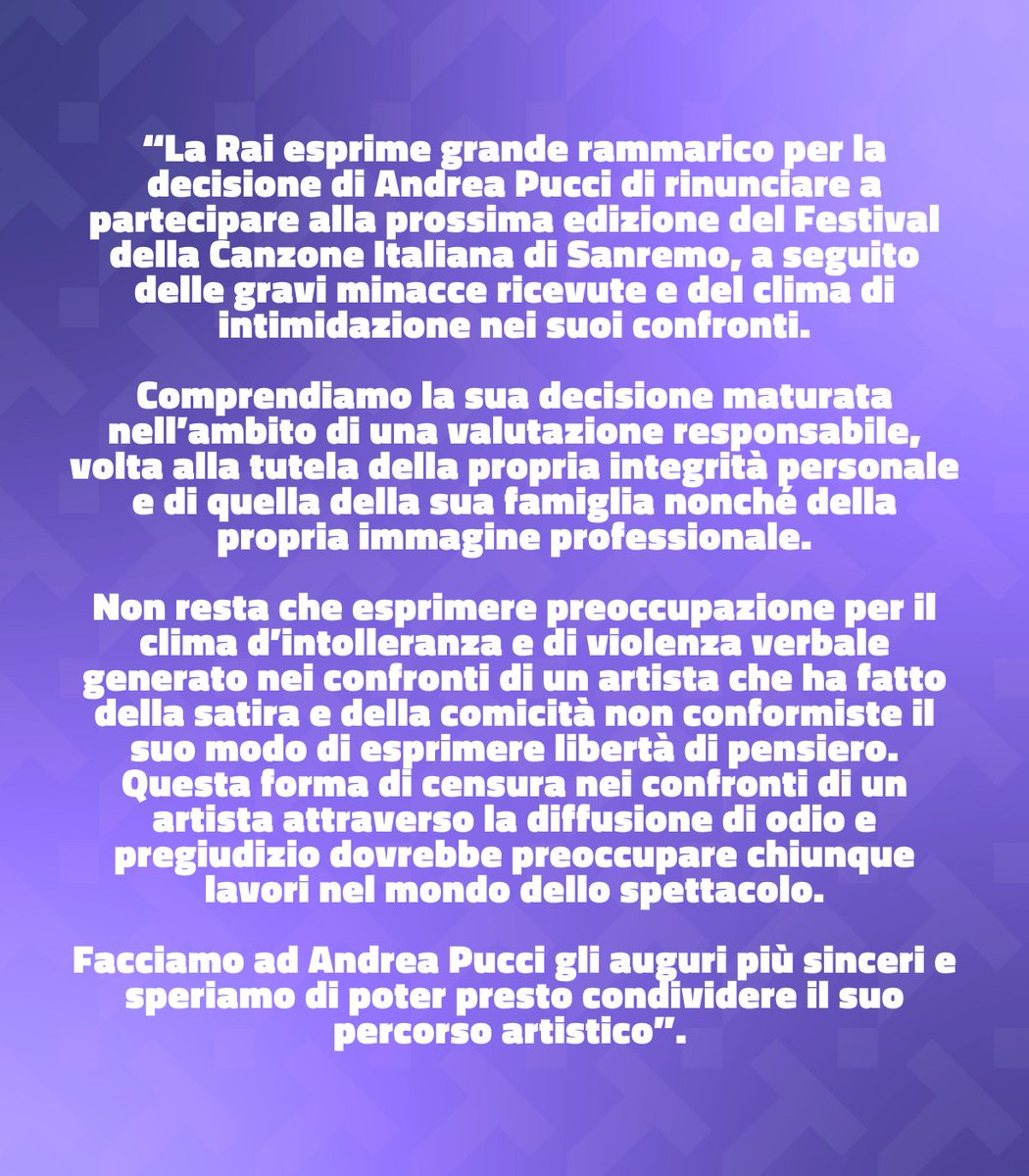 trash_italiano's tweet image. La Rai pubblica un comunicato in merito alla rinuncia di Andrea Pucci a #Sanremo2026