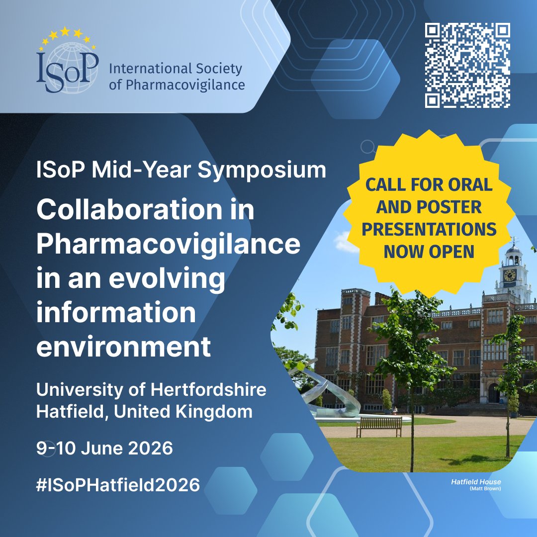 ISoPonline's tweet photo. 📢 Call for Abstracts! The ISoP Mid-Year Symposium will take place 9–10 June 2026 in Hatfield, UK.
"Collaboration in Pharmacovigilance in an Evolving Information Environment"

🗓 Deadline: 7 March 2026
📩 Submit to: administration@isoponline.org
🔗 https://t.co/6ZNokhlD1r https://t.co/8stgtZGWmv