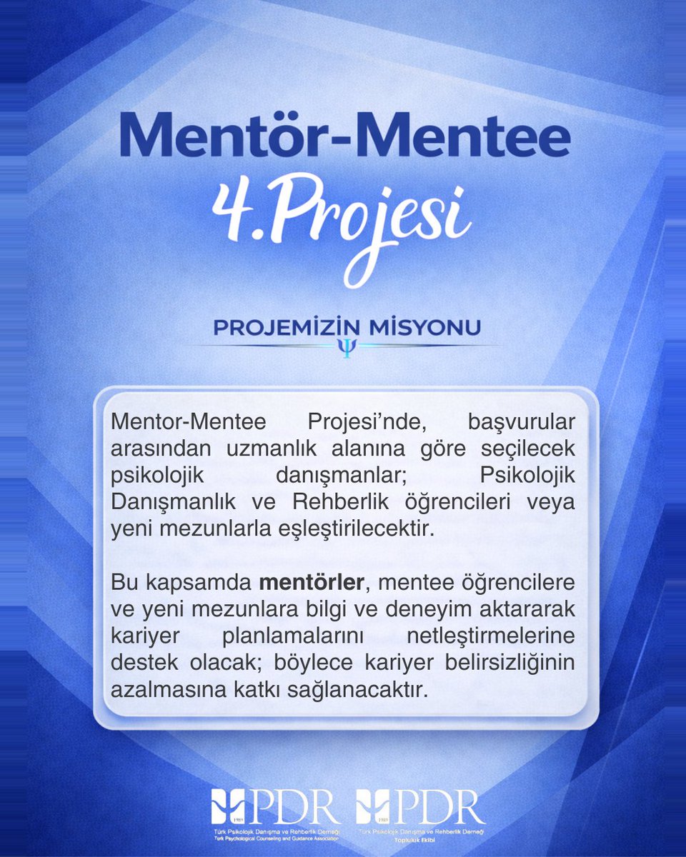 turkpdrtopluluk's tweet photo. ✨ Türk PDR Topluluk Ekibi olarak Mentör-Mentee projemizin dördüncüsü ile karşınızdayız! Psikolojik Danışmanlık ve Rehberlik öğrencilerimizin ve yeni mezun meslektaşlarımızın kariyerlerini şekillendirme sürecinde yanındayız.             

🎓 Mentör–Mentee Projemiz sayesinde Psikolojik Danışmanlık ve Rehberlik öğrencilerimizi ve yeni mezun meslektaşlarımızı, alanında deneyimli mentör hocalarımızla eşleştirerek kariyer belirsizliklerini ortadan kaldırmayı hedefliyoruz.
                                                                                                                       📌 Projemiz;                                                                                                                                 Mezuniyetinin üstünden en fazla 2 yıl geçmiş Psikolojik Danışmanlar                                          Psikolojik Danışmanlık ve Rehberlik 3. ve 4. sınıf öğrencileri için başvuruya açıktır.       
          
                                                                                                                  ❗Kontenjanımız sınırlıdır!

Başvuru için:  https://t.co/agDiiPIt9c
