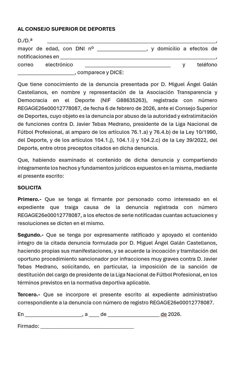📢 ATENCIÓN para toda España. ¡Basta de abusos de Tebas! 

Cualquier persona, pertenezca o no al mundo del deporte, puede unirse ya a la denuncia contra Tebas. 

No permitamos mas Bloqueos de IPS o el uso de un canal de denuncias contra bares con gratificaciones de 50€ ni el