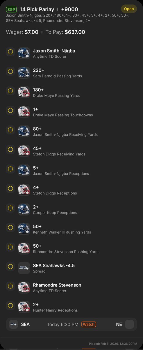 My 14 leg #SuperBowl    parlay for tonight. $7 bet for $637 reward