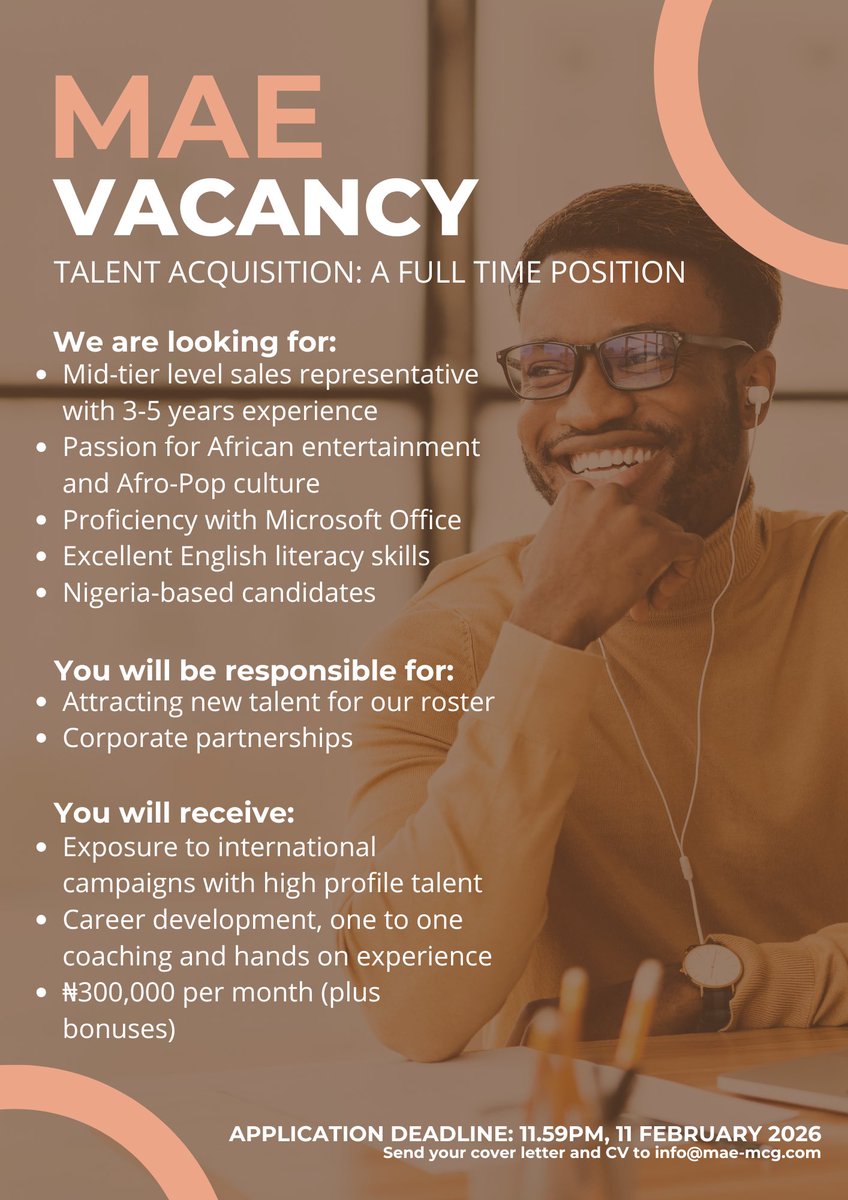 _graceymae's tweet photo. We’re expanding our team! Send your CV and cover letter to info@mae-mcg.com by 11.59pm on Wednesday

#vacancy #newjob #sales #musicbusiness https://t.co/9ag1fEJ2tl