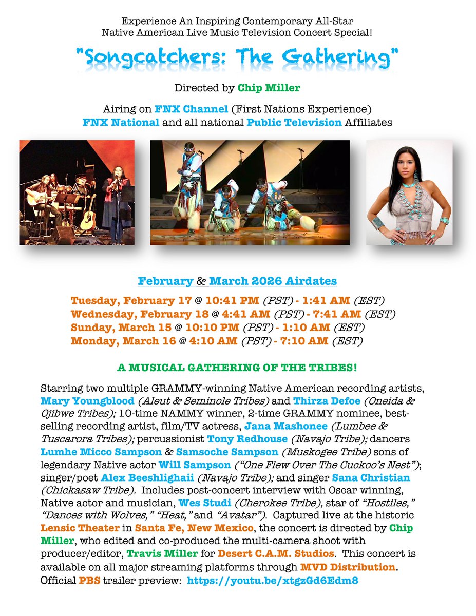 DCAMstudios's tweet photo. “SONGCATCHERS: THE GATHERING” - All-star contemporary Native American musical gathering of the Tribes!  Concert special is directed and produced by CHIP MILLER. It airs on FNX Channel/PBS TV through 2027!  https://t.co/Lr5aA1V5XL https://t.co/mupTkVmBBZ