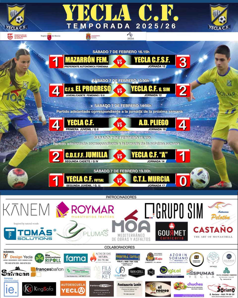 YECLA C.F. / RESULTADOS.
Clasificación:
SENIOR FEMENINO: 10º / 16 puntos.
JUVENIL / CADETE FEMENINO: 12º / 4 puntos.
JUVENIL: 15º / 11 puntos.
CADETE A: 1º / 36 puntos
CADETE B: 13º/ 7 puntos.
INFANTIL: 14º / 10 puntos.
FUTSAL: 13º / 15 puntos.