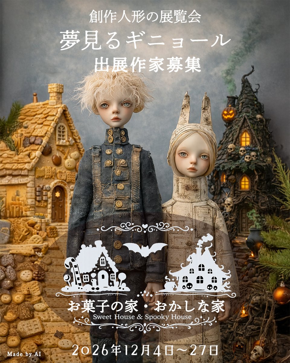 🍪出展作家募集🍪[募集期間2月20日まで]
 「 #夢見るギニョール展 お菓子の家・おかしな家」  

童話「ヘンゼルとグレーテル」をモチーフに、 甘美さと危うさをテーマとした創作人形の展覧会です。

詳細・お申込み
guignol.jp/event/2026-12g…

ご応募お待ちしております🍪