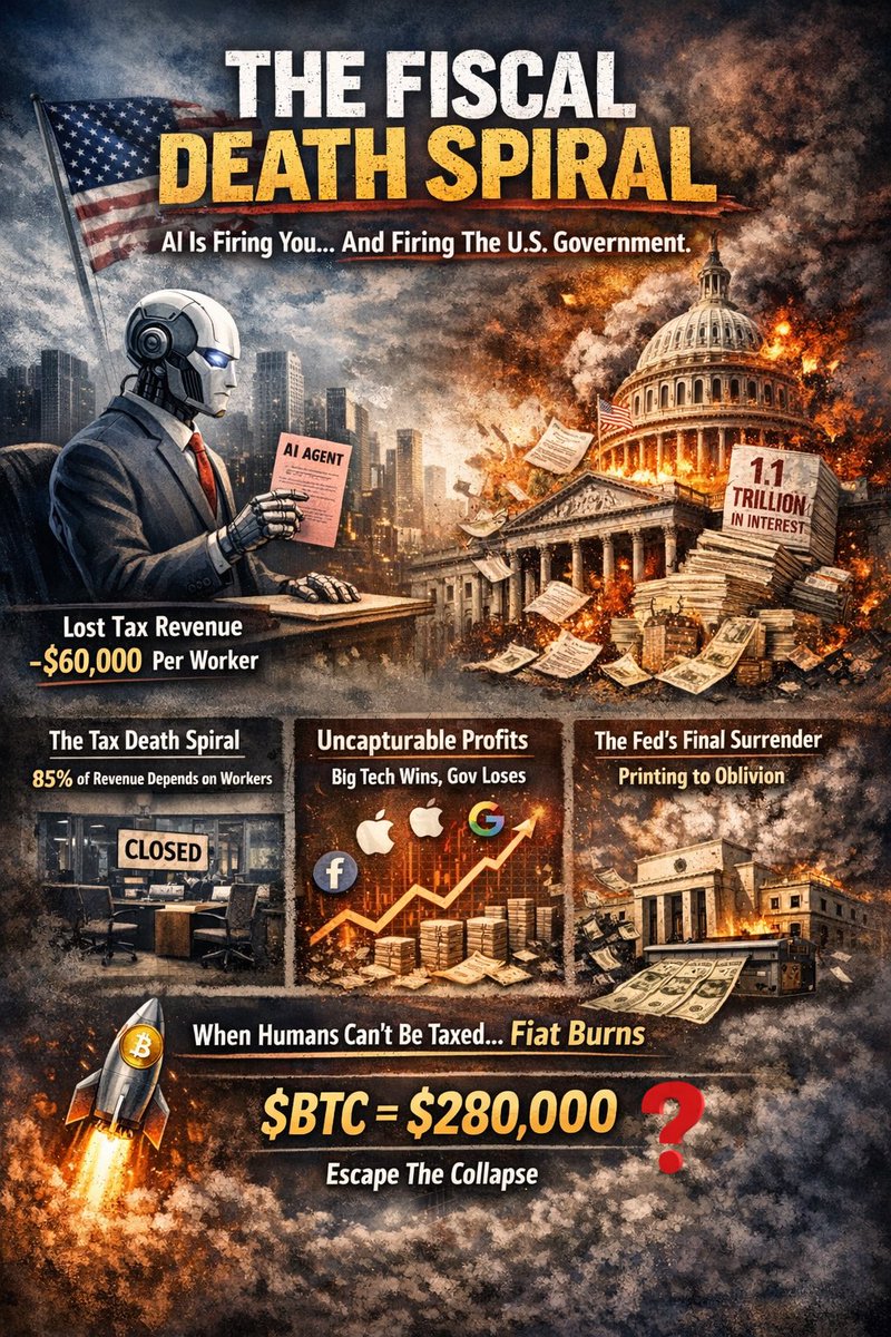 AI is firing you, but it’s also firing the U.S. Government. 📉⚓️

Why the 2026 "White Collar Recession" is the endgame for the USD system. 

Here is the math that nobody is talking about: 🧵

1/ The Tax Death Spiral: 🪤 

The Federal Government relies on "Humans" for 85% of its