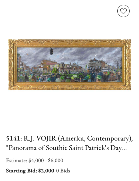 UrbanImpress's tweet photo. Museum quality impressionist oil painting available this Thurs Feb 12th: 
"Panorama Of Southie Saint Patrick's Day Parade - Boston, MA" 
by RJ Vojir, Oil on canvas in Gold Leaf ☘️ hand carved wood frame. You can bid now til Thursday https://t.co/W06ZI2bX7B