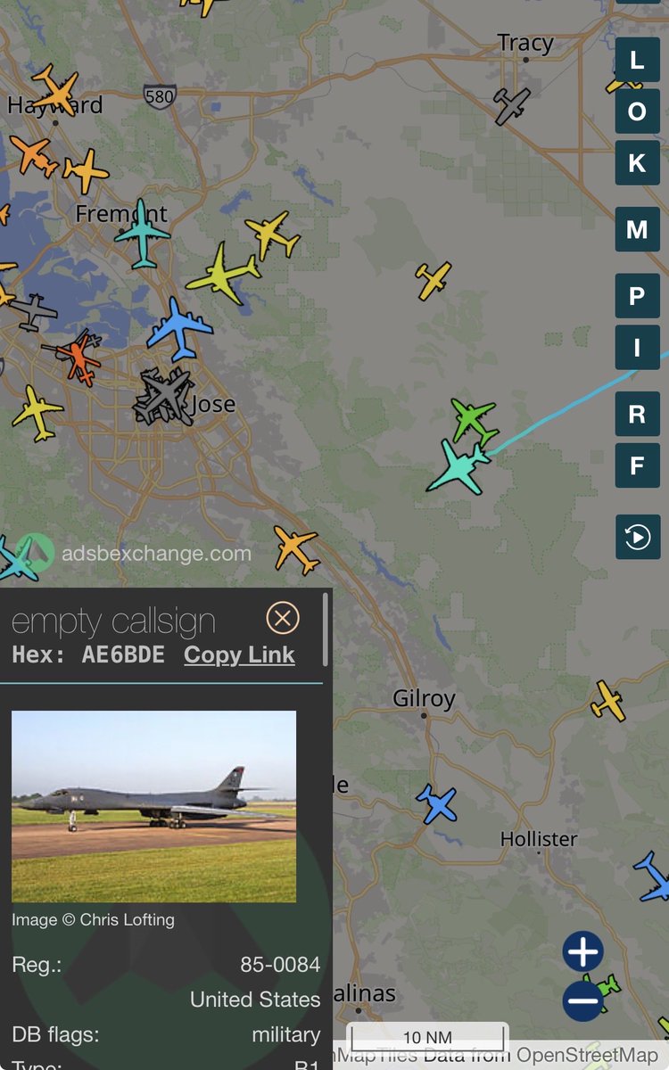 B1 bomber appearing with transponder on. F18s and F35s just departed Moffett for the Super Bowl flyover.
