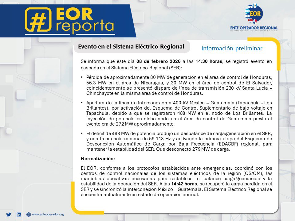#EORreporta sobre evento en el Sistema Eléctrico Regional, ocurrido este día a las 2:30pm y su restablecimiento a las 2:42pm. Más detalles a continuación: