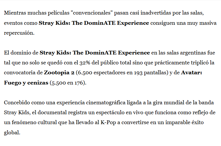 StrayKidsArgFC's tweet image. 📰 Stays les dejamos un artículo que habla un poco sobre lo que fue "Stray Kids: The DominATE Experience" en nuestros cines 📽️🇦🇷

🔗otroscines.com/post/stray-kid…

❣️