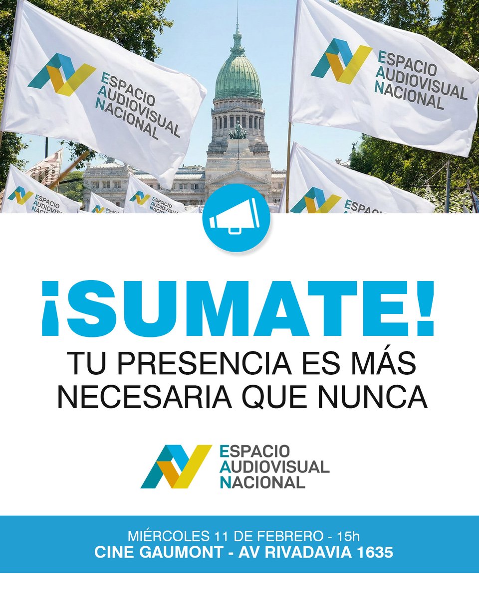 LLAMADO A MOVILIZACIÓN
Defendamos el Cine Argentino

📍 Cine Gaumont – Av. Rivadavia 1635
🗓 Miércoles 11 de febrero
⏰ 15 h

👉 ¡SUMATE! Tu presencia es más necesaria que nunca.