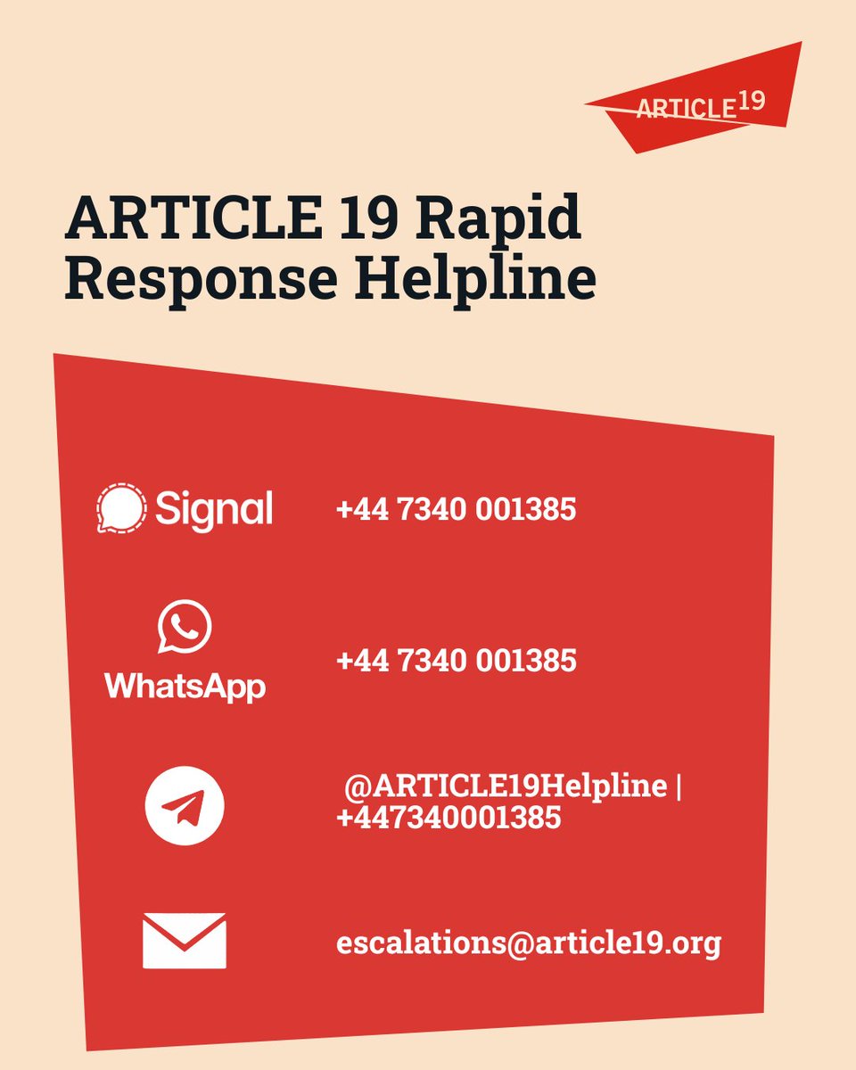 با توجه به افزایش خطر بازداشت در داخل کشور: اگر دوست، عضو خانواده یا فردی را می‌شناسید که بازداشت شده یا در معرض خطر بازداشت قرار دارد، دوستان ما در سازمان آرتیکل ۱۹ می‌توانند برای بستن/تعلیق حساب‌های کاربری و امن‌سازی آن‌ها به شما کمک کنند.
راه‌های ارتباطی برای دریافت کمک:
