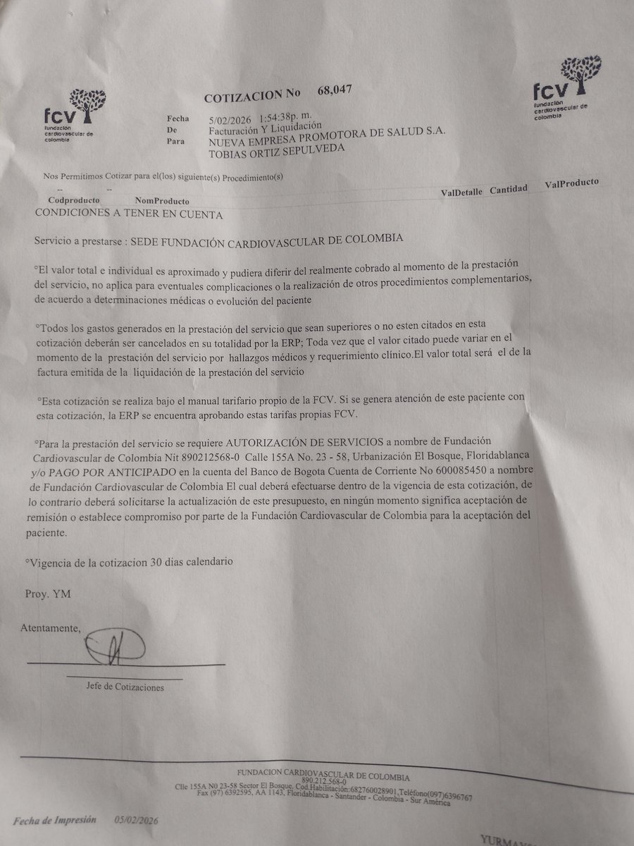 leorpach's tweet photo. Que más debemos hacer o cuánto tiempo esperar, la vida de mi padre está en riesgo  por trámite burocrático.
Que tal el negocio de la salud de esta empresa, me llega esta información donde Fundación Cardiovascular De Colombia, le envía cotización por servicios a prestar. https://t.co/wHuo5IFxdo