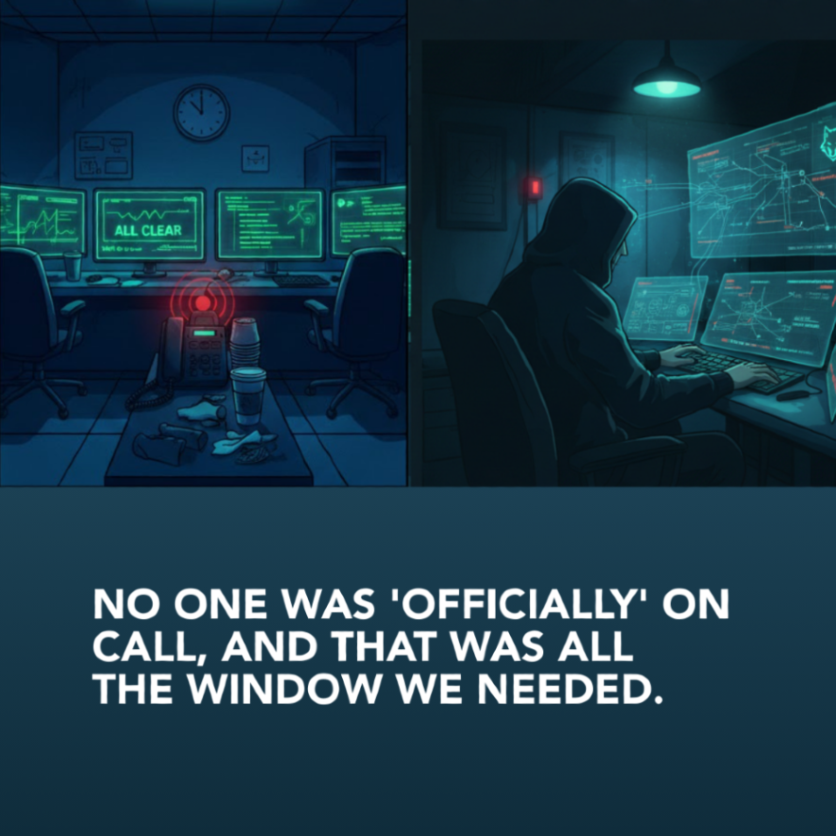 VolkisAU's tweet photo. It took us months, but we're in. And now it's time to pull the trigger. We'll go in fast, hit our goals, and leave. At 7pm no one's around right?
It works! The 6 of us get our goal in an hour. Turns out, no one was "officially" on call. An easy mistake to make🐺
#HackingStories https://t.co/6rfUqDf1ui