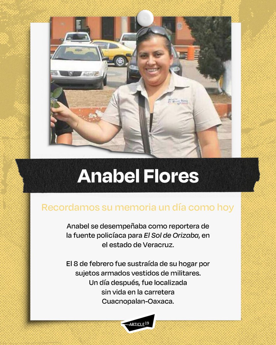 🕯️📸 Hoy recordamos a Anabel Flores, reportera de #Veracruz.

Era reportera de la nota de seguridad, y se especializaba en nota diaria e investigaciones criminales para "El Sol de Orizaba".

🗯️ Seguimos exigiendo justicia por Anabel.