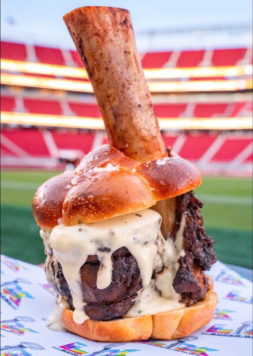 LX hammer burger - cheeseburger with braised bone-in beef shank and Point Reyes bleu cheese fondue on baked brioche bun at the Super Bowl (<a href="/SuperBowl/">Super Bowl</a>) 

💵 $180 (£135.00)