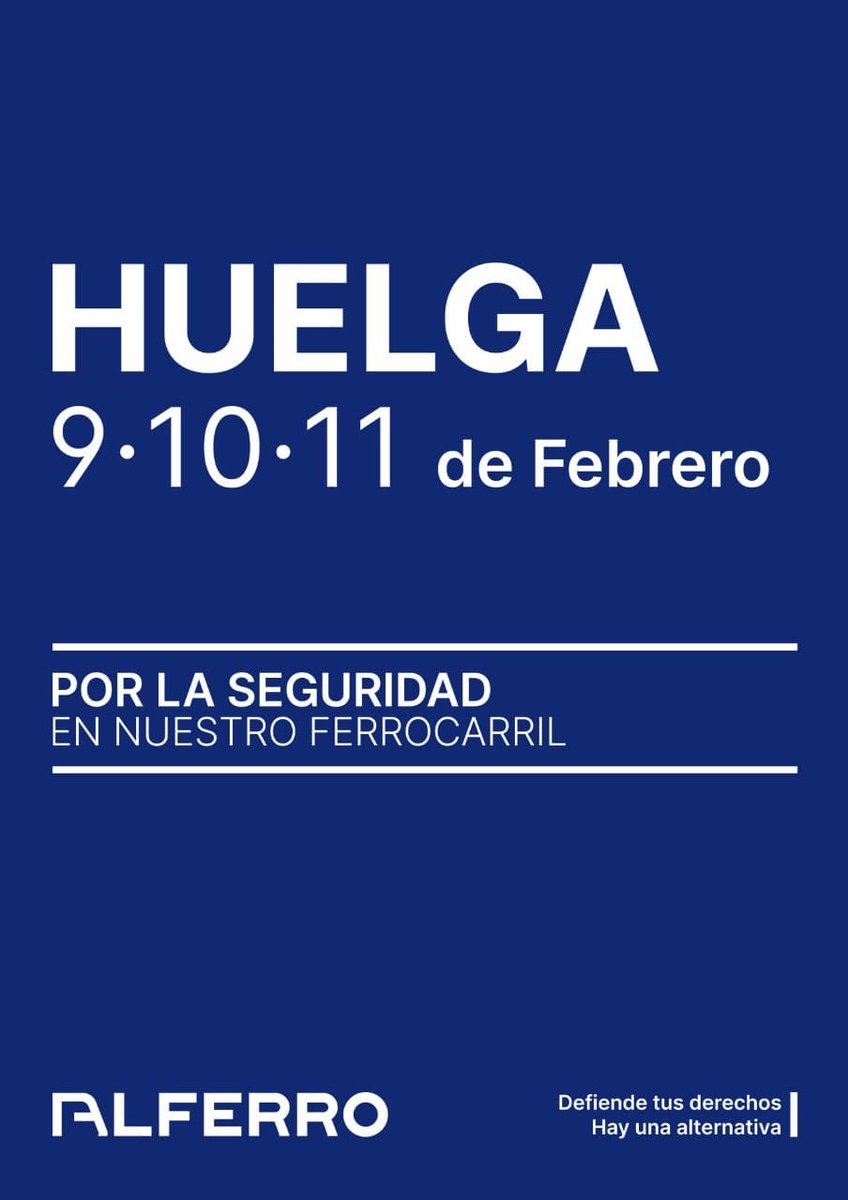 Hoy el ferrocarril para.
Lo hacen todos sus trabajadores y colectivos.
La seguridad del sistema necesita un cambio estructural urgente.
Por responsabilidad, hoy paramos.
🚆✊
#Huelga #SeguridadFerroviaria #ALFERRO #ferroviarios <a href="/Renfe/">Renfe</a> <a href="/iryo_eu/">iryo.eu</a>