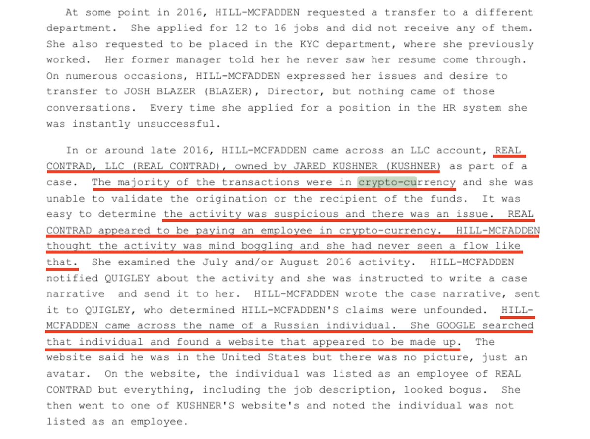 Cryptadamist's tweet image. according to this FBI report an anti-money laundering specialist at Deutsche Bank traced "mind boggling" crypto payments from a Jared Kushner company REAL CONTRAD, LLC to a suspicious Russian individual 

@ImDrinknWyn @davetroy @WendySiegelman 
justice.gov/epstein/files/…
