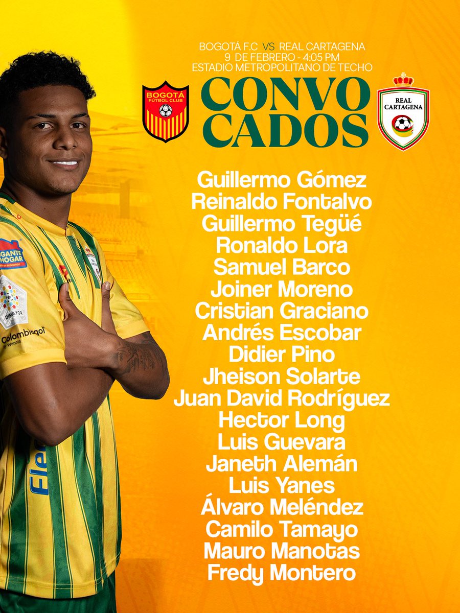🔰 CONVOCADOS 📋 | Estos son nuestros jugadores seleccionados 🙌🏼 para enfrentar a Bogotá FC 🔴🟡 mañana por la fecha 4️⃣ del TorneoBetplay 💪🏼

#RealEsCartagena