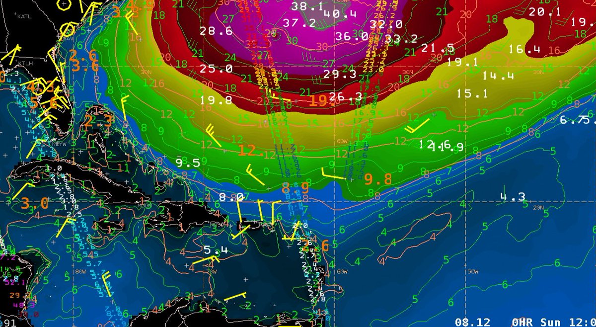 NHC_TAFB's tweet image. A 971 mb Low producing #hurricane force winds near 37.5N61W is generating a very large area of 20-30 ft seas across the basin. Seas to 30 ft extend southward to 30N, while #gale force winds extend southward to near 27N. Gale Warnings remain in effect through early Tue.