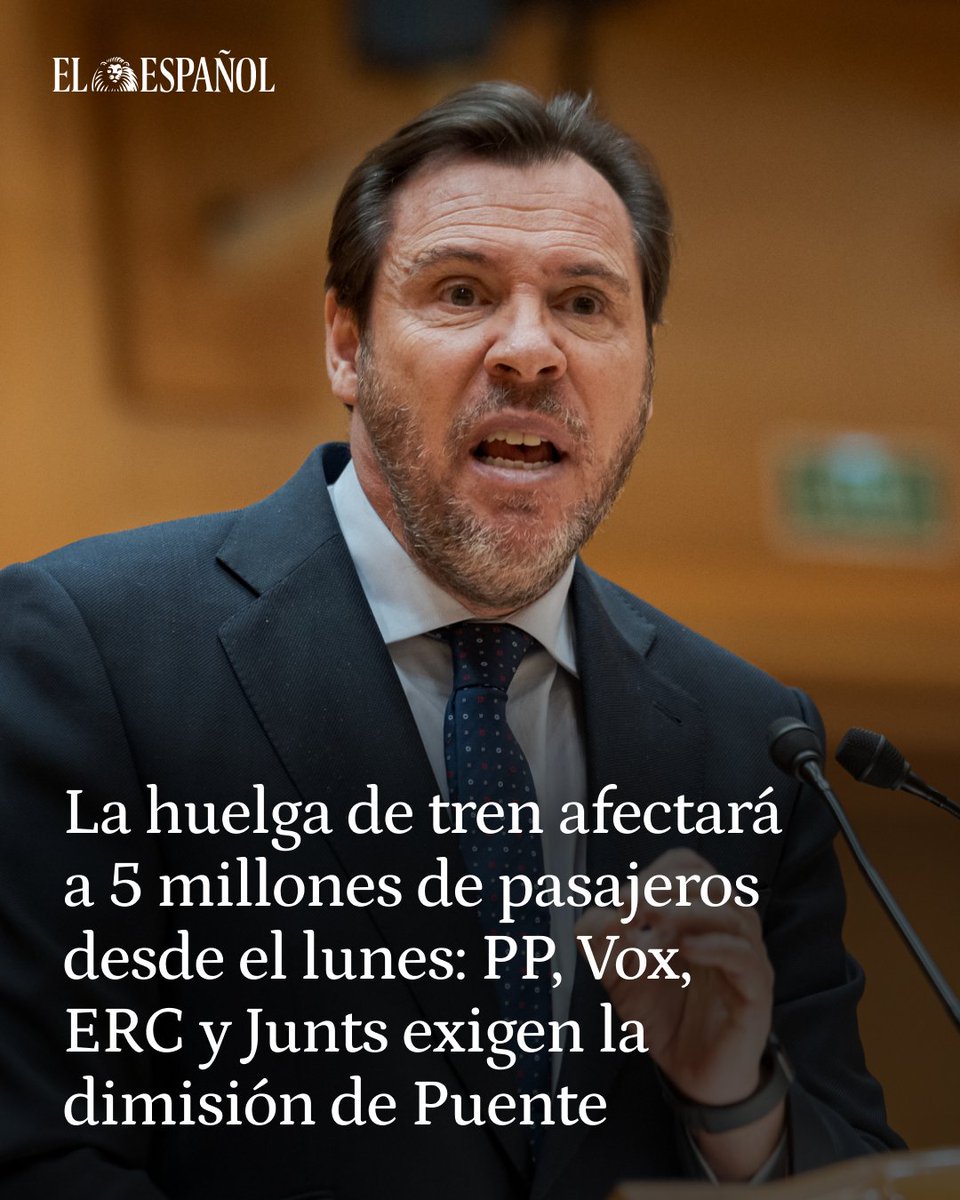 ‼️🔴La huelga de tren afectará a 5 millones de pasajeros desde el lunes: PP, Vox, ERC y Junts exigen la dimisión de Puente

Pedro Sánchez comparece el lunes ante el Pleno del Congreso para dar explicaciones sobre los accidentes mortales de Adamuz (Córdoba) y Gelida (Barcelona)