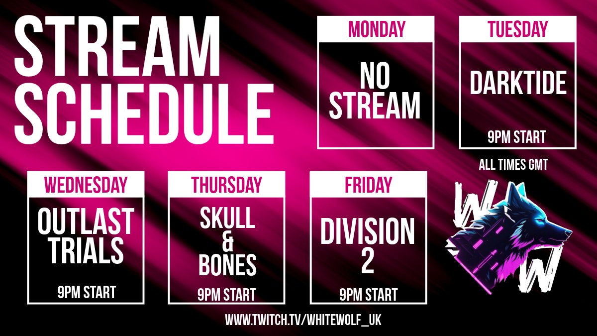 🔥This week!🔥
Got a busy week ahead of us!
Tuesday - Darktide 
Wednesday - Outlast Trials 
Thursday - Skull and Bones New season 🏴‍☠️
Friday - The Division 2, With something special ❤️
I'll be joined by some amazing people and getting into all sorts of trouble 😈
Don't miss it! 😘