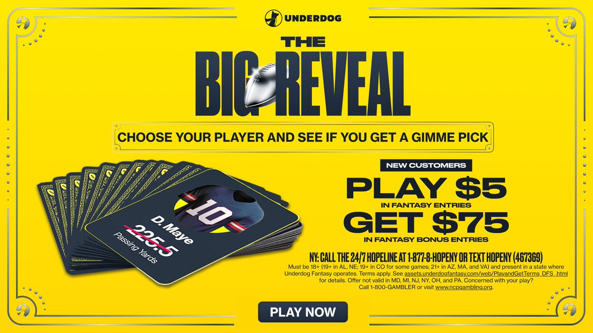 🏈 The Big Game has finally arrived, but there's still time to check out #TheBigReveal promo on <a href="/Underdog/">Underdog</a>!

If you're new to the app -- Play $5, Get $75 in bonus entries when you sign up with code FFC! #UDPartner