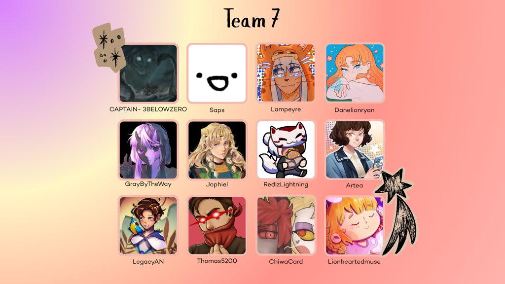 Team 7 is locked in 🚀

With <a href="/3Bel0wZero/">3BelowZero</a> <a href="/sapsarata/">saps</a> <a href="/Lampeyre/">Lampeyre</a> <a href="/Graybytheway/">Graybytheway</a> <a href="/dandelionryans/">⋆·˚ ༘ * ☀️ 𝒔𝒖𝒏𝒏𝒊𝒆 ⋆｡˚ ❀</a> <a href="/JophielsWings/">Jophiel</a> <a href="/LegacyAN_/">Legacy</a> <a href="/Thomas5200_/">Thomas5200</a> <a href="/chiwacard/">chiwa</a> <a href="/lionheartedmuse/">ana ✨ she / her</a> and redizlightning!

Catch their streams throughout March! 💫