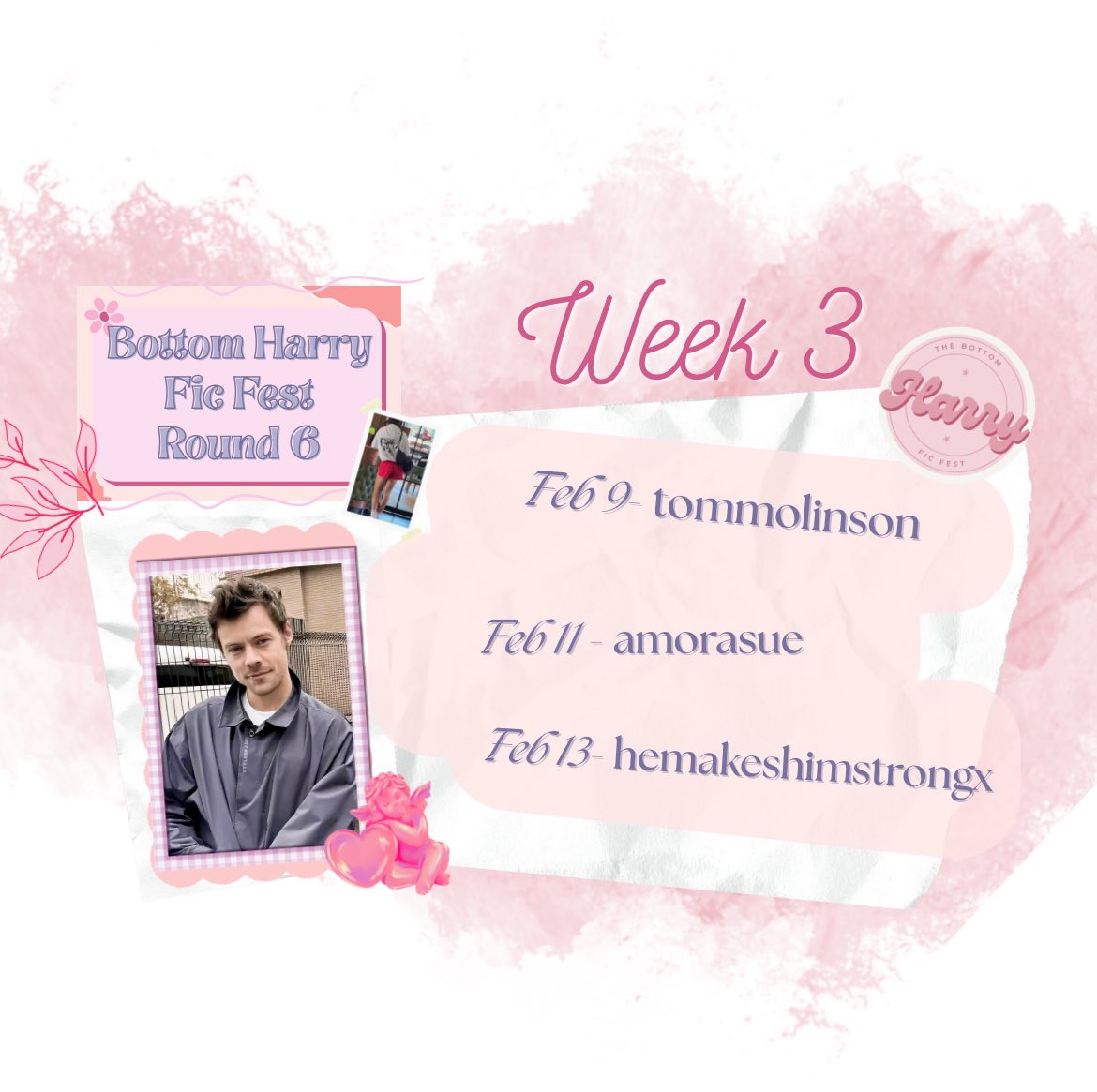 BHarryFest's tweet photo. WELCOME TO WEEK 3 OF THE BHFF! 🤍🌸

Here is our schedule for the week! Find authors, posting dates, and fic summaries below.

@sunflourry91 @eulogisemeao3 @makeshimstrongx https://t.co/MBjTrOIy9A