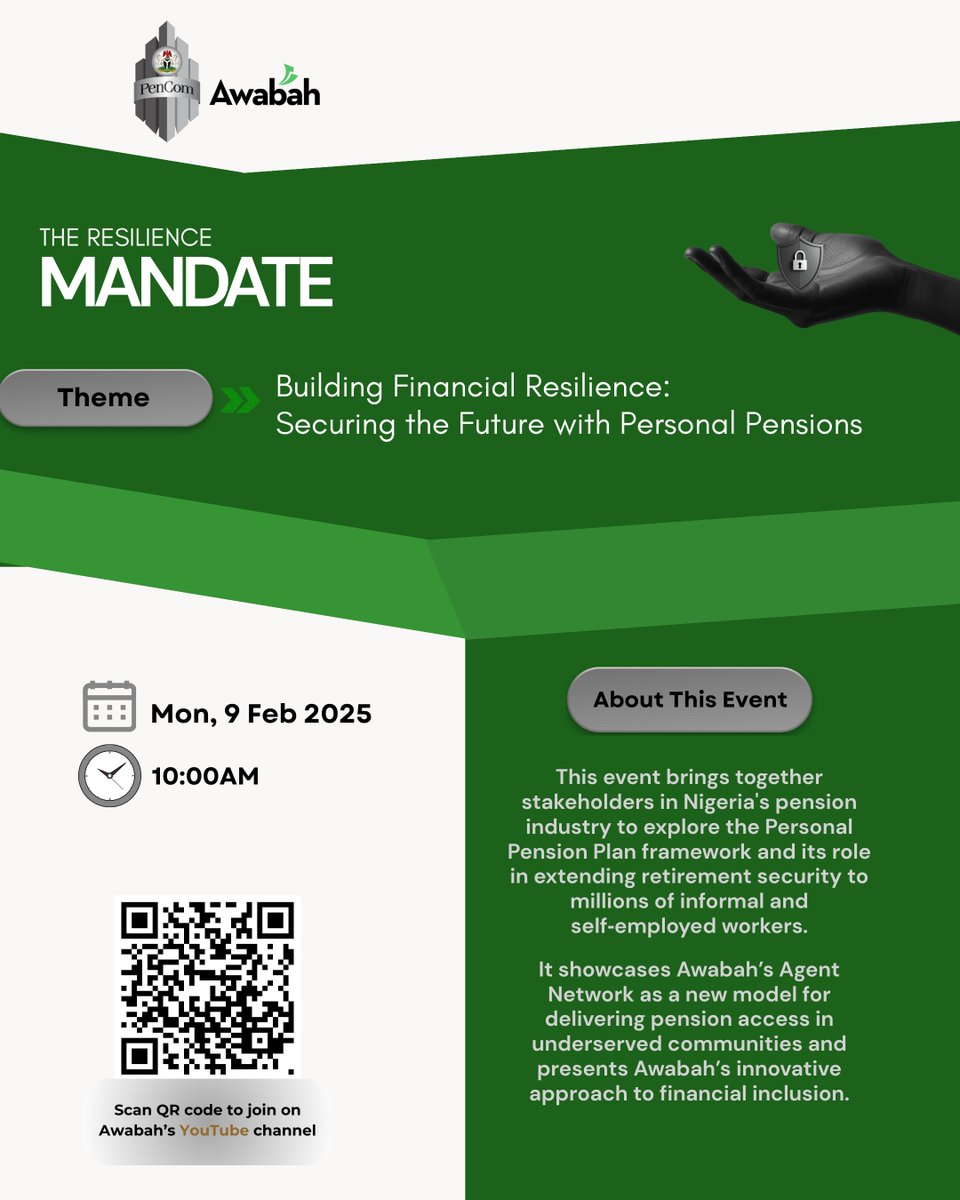 PenComNig's tweet photo. Join us live tomorrow as The Resilience Mandate gathers industry leaders across the financial sector to discuss the Personal Pension Plan framework, financial resilience, and the future of pensions for the self-employed in Nigeria. https://t.co/QEcQppYe97
