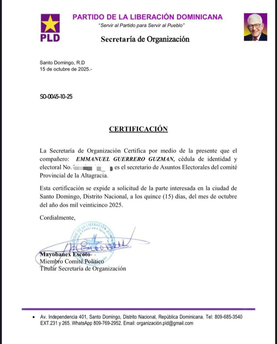 Agradezco a mis Compañeros Miembros del Comité Central del <a href="/PLDenlinea/">PLD</a> en la Provincia La Altagracia por la confianza al Ratificarme como Secretario Electoral Provincial.

Seguiremos trabajando con compromiso y disciplina para fortalecer nuestro partido y toda su estructura!💜🌟