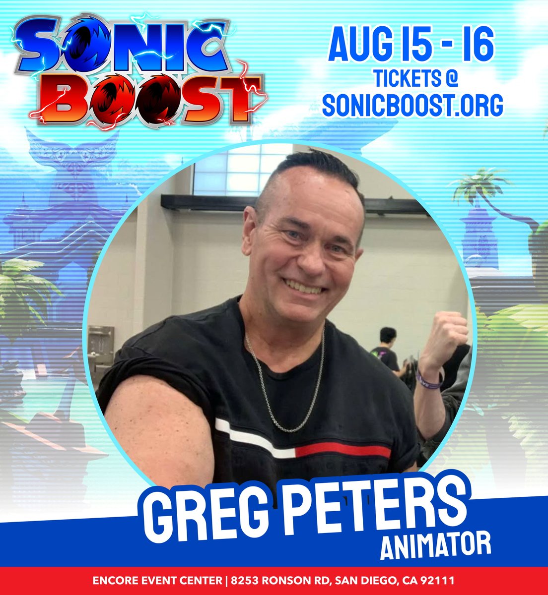 Our next guest animator is
Greg Peters
Make sure to stop by his booth and grab some of his work.

#sonicboost #sonicthehedgehog #silverthehedgehog #shadowthehedgehog #rougethebat #omega #mariarobotnik #soniccon #sonicconvention #animeconvention #sonic35th