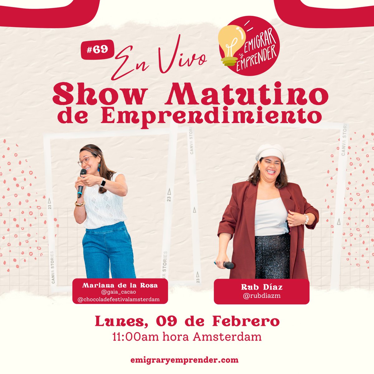 Show Matutino de Emprendimiento de #EmigraryEmprender®️ 69 🎥🎙️💡

🗓️Lunes 09 de febrero
⏰ 11:00 am h #Ámsterdam
🗣️Junto a Mariana de la Rosa 

instagram.com/emigrayemprend…