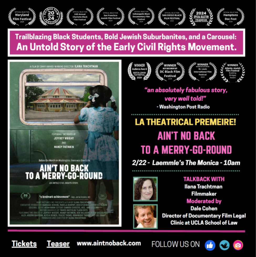 Dmc632's tweet photo. I'll be moderating a post-screening discussion of a fantastic documentary film about civil rights and protest, Ain't No Back To A Merry-Go-Round, on February 22nd at the Laemmle Monica.  Come join us! https://t.co/tZDqpEdiBR
