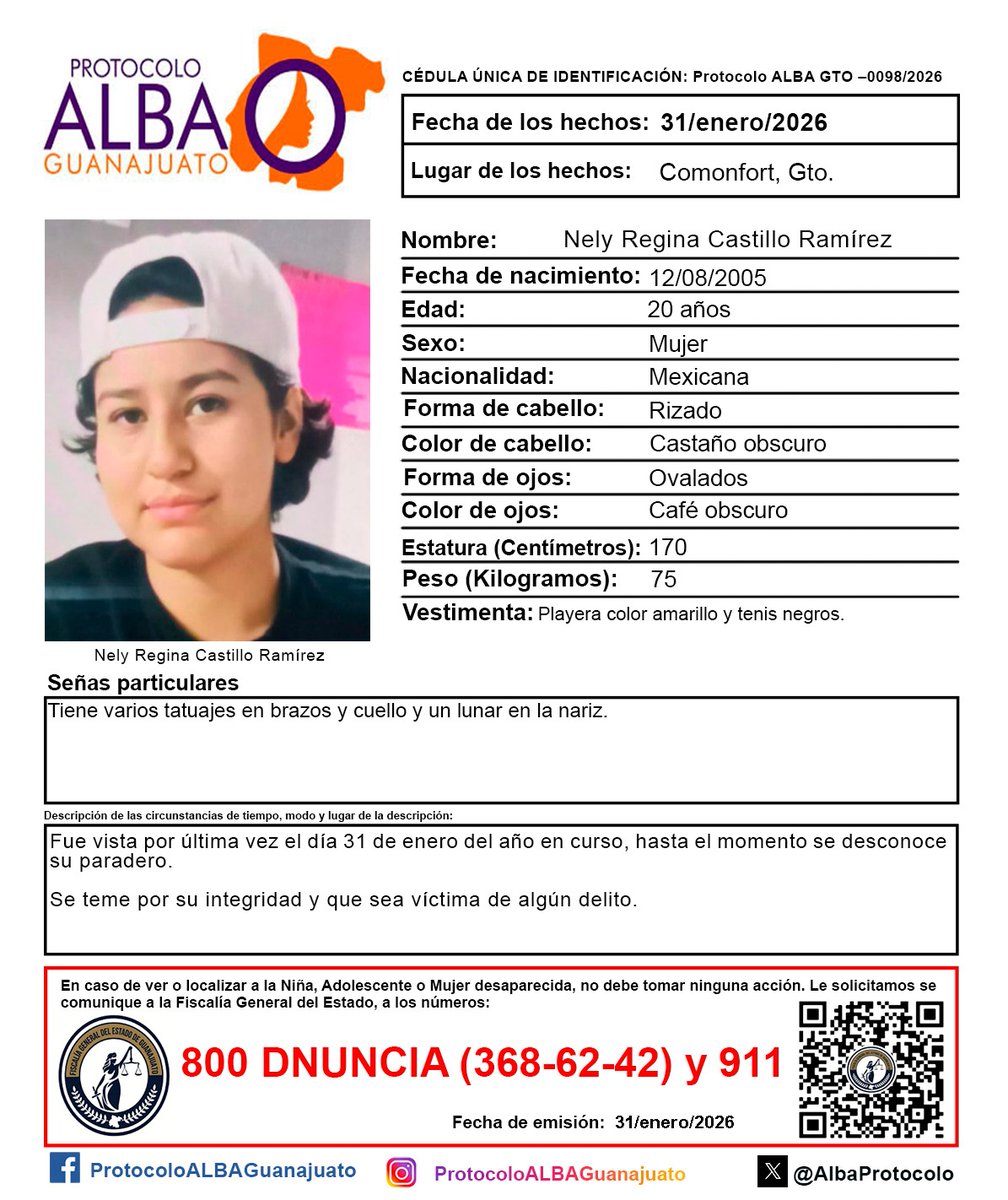 Activación de 𝙋𝙍𝙊𝙏𝙊𝘾𝙊𝙇𝙊 𝘼𝙇𝘽𝘼 de 𝗡𝗲𝗹𝘆 𝗥𝗲𝗴𝗶𝗻𝗮 𝗖𝗮𝘀𝘁𝗶𝗹𝗹𝗼 𝗥𝗮𝗺í𝗿𝗲𝘇, de 𝟮𝟬 𝗮𝗻̃𝗼𝘀 de edad, de 𝗖𝗼𝗺𝗼𝗻𝗳𝗼𝗿𝘁𝗼, 𝗚𝘁𝗼. 
¡Ayúdanos a localizarla!