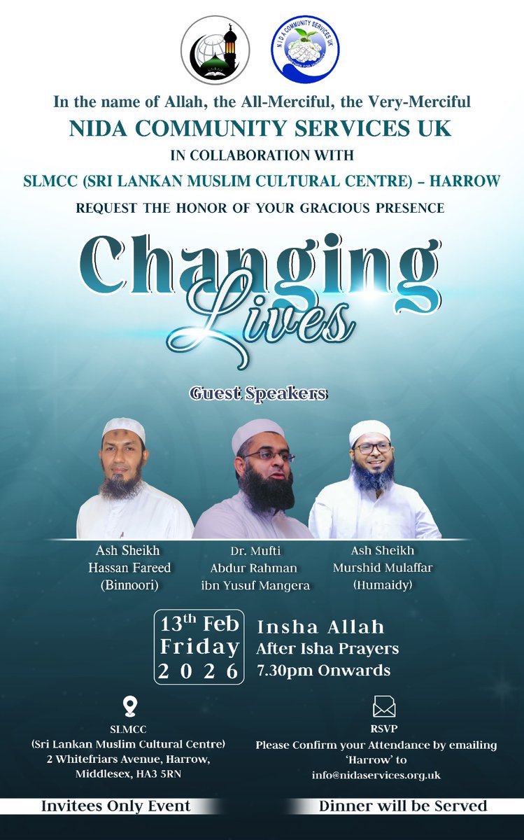 zamzamacademy's tweet image. 📍 West London &amp;amp; Leicester
📅 This Friday &amp;amp; Saturday
🎙 @MuftiARM with Nida Community Services

Knowledge that benefits. Company that uplifts.
Don’t miss out,  register and attend, insha'Allah 🤲

#Community #IslamicKnowledge #WeekendPlans #zamzamacademy